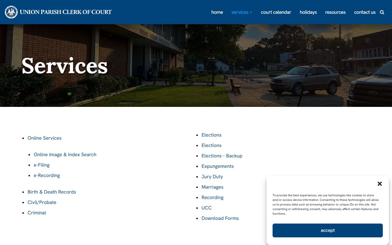 Union Parish court records Clerk of Court services page
