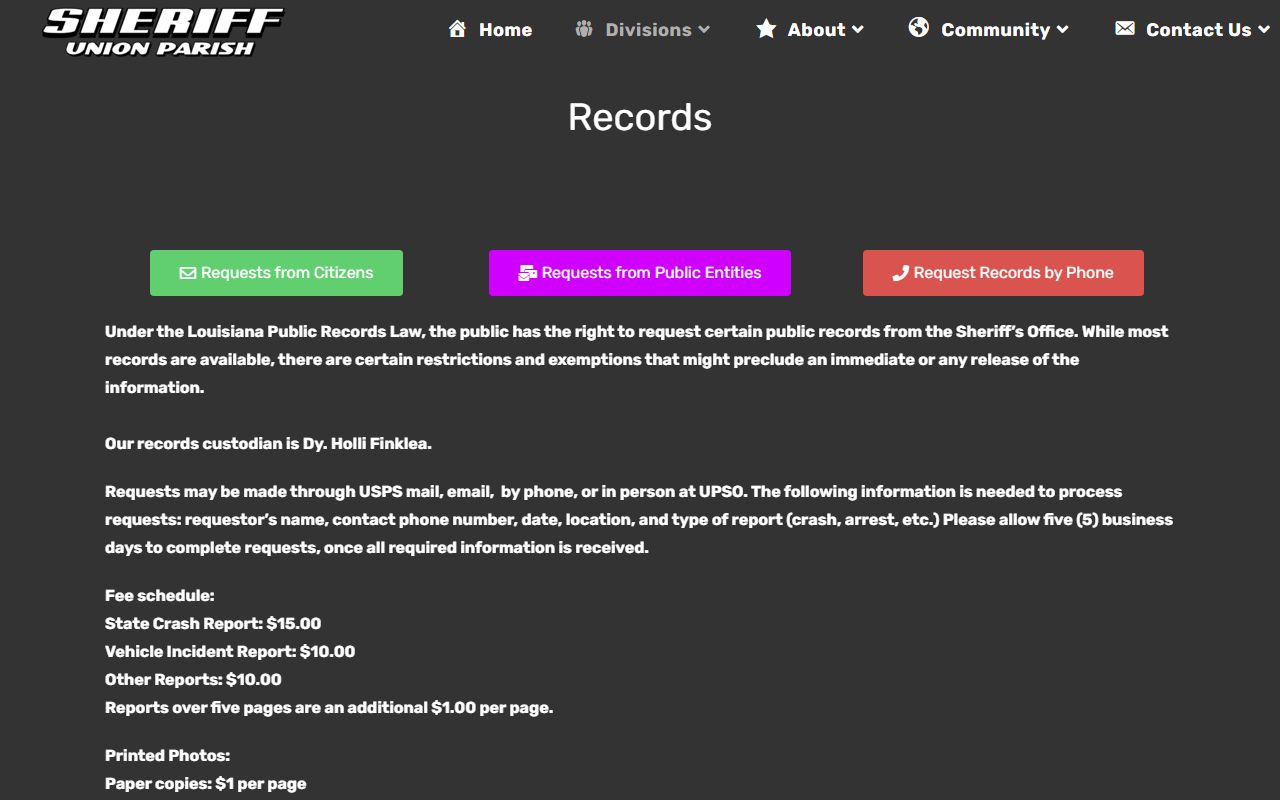 Union Parish court records sheriff records request page