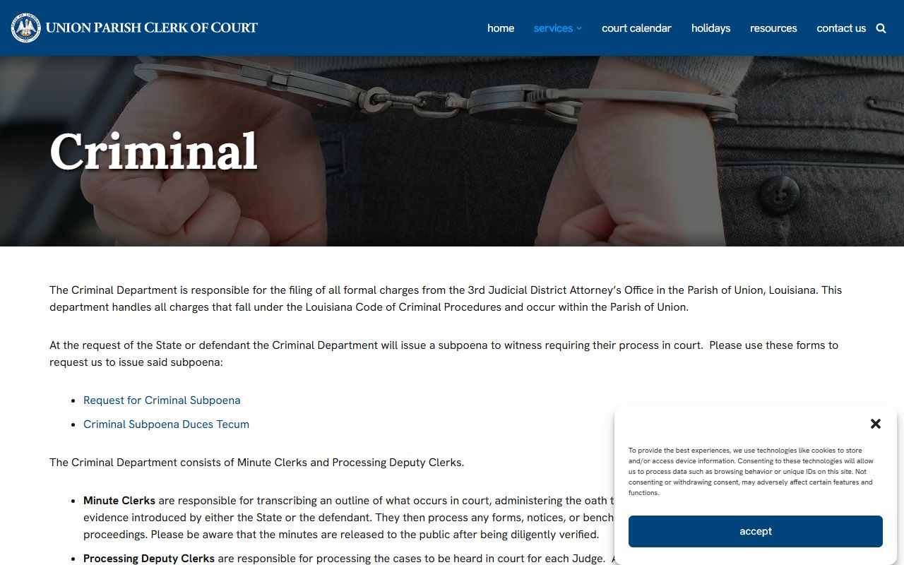 Union Parish Clerk of Court criminal services records