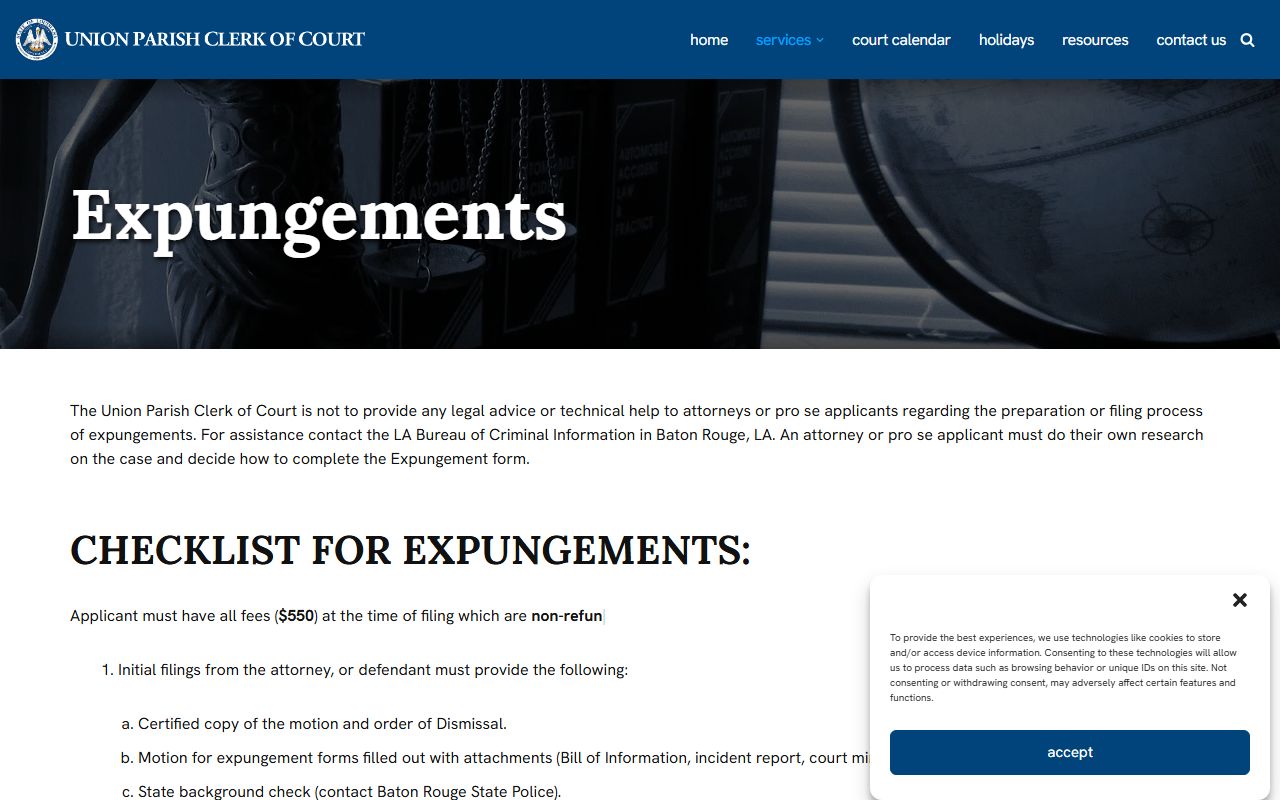 Union Parish criminal court records Clerk expungement service page