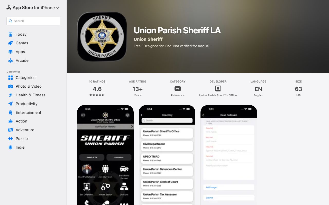 Union Parish warrant records iOS app listing